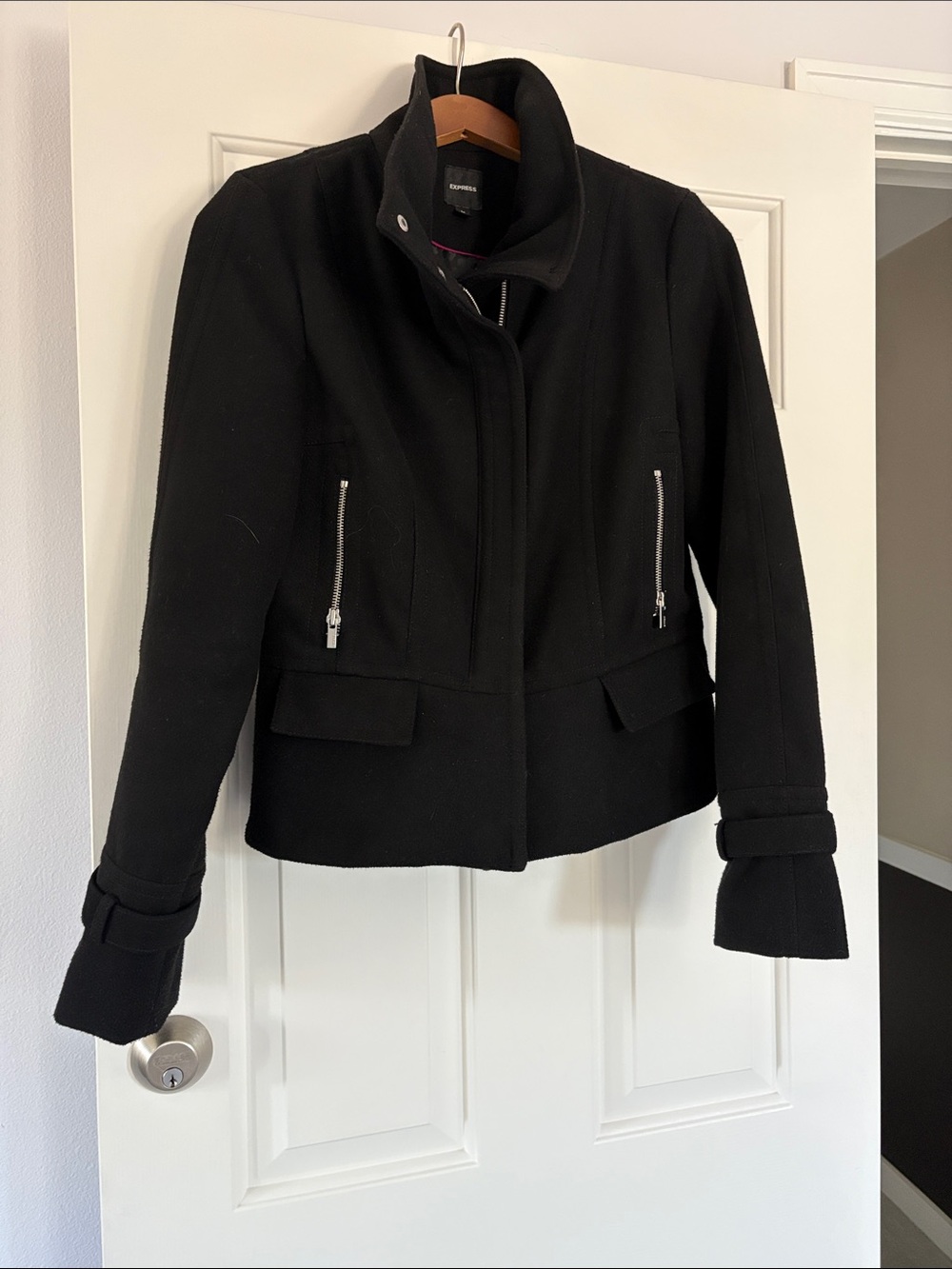 Women's Black Zip-Pocket Wool Blend Jacket - lined